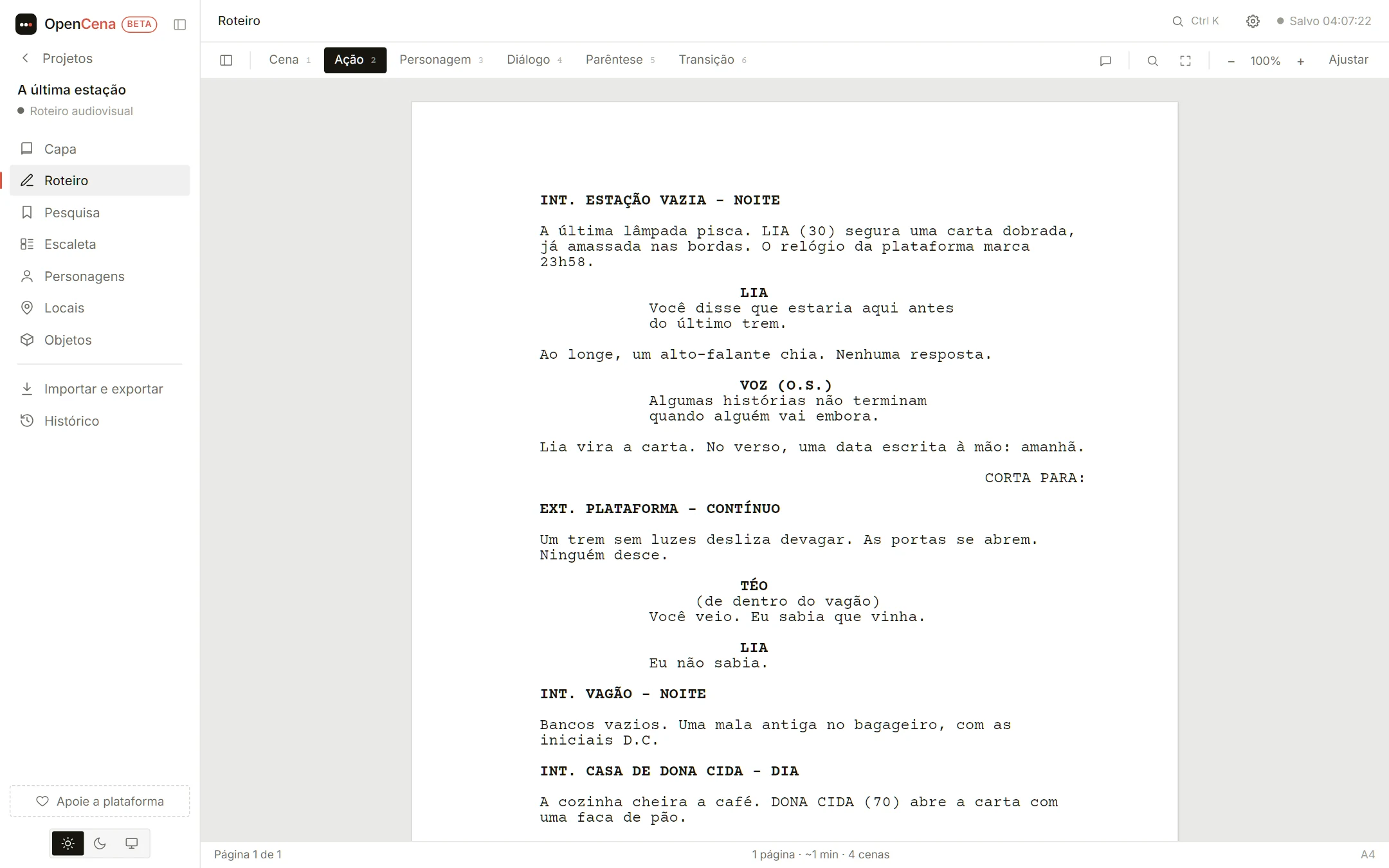 O editor de roteiro do OpenCena com uma cena formatada